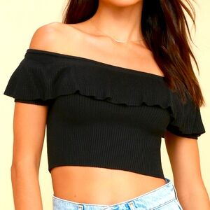 Lulu's Marri Black Ruffle Off-the-Shoulder Crop Top - Black